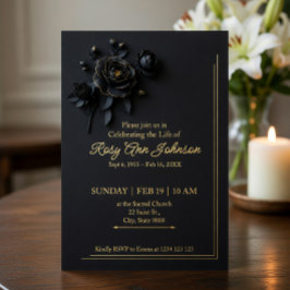 Tarjeta de Invitación Memorial Floral Negra y Dora