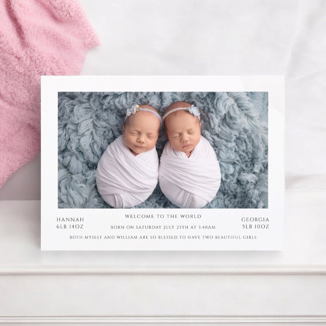 tarjeta de Invitación mínima de gemelos con foto (twins,birth announcement,baby girls fully editable and downloadable)