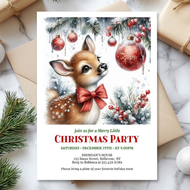 Tarjeta de invitación navideña de bosque nevado fe (Festive snowy forest baby deer Christmas invite editable)