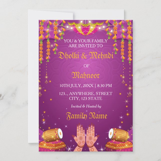 Tarjeta de invitación nocturna Dholki & Mehndi (Anverso)