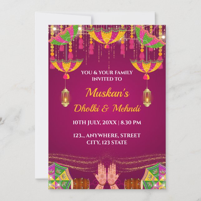 Tarjeta de invitación nocturna Dholki & Mehndi (Anverso)