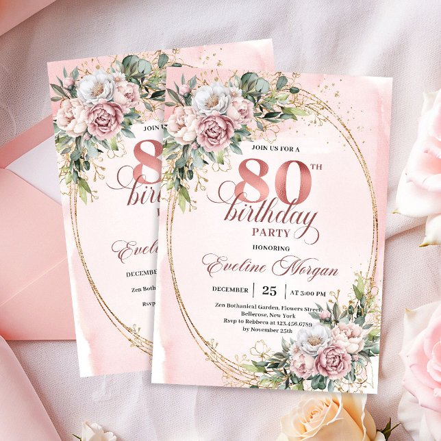 Tarjeta de Invitación para 80 Cumpleaños Dusty Pin (Dusty Pink Eucalyptus 80th Birthday Invite Card)