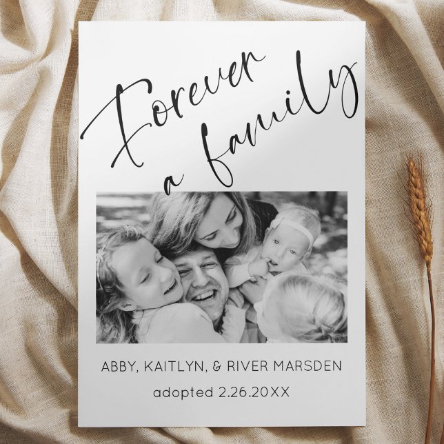 Tarjeta de Invitación para adopción de foto "Forev ("Forever a Family" Child adoption announcement card black and white script photo modern simple )