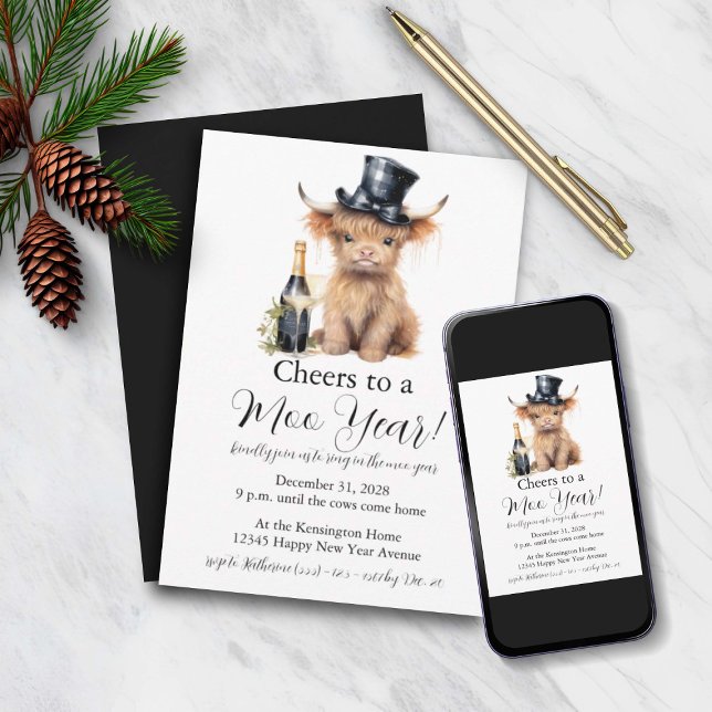 Tarjeta de invitación para Año Nuevo Highland Cow (Subido por el creador)