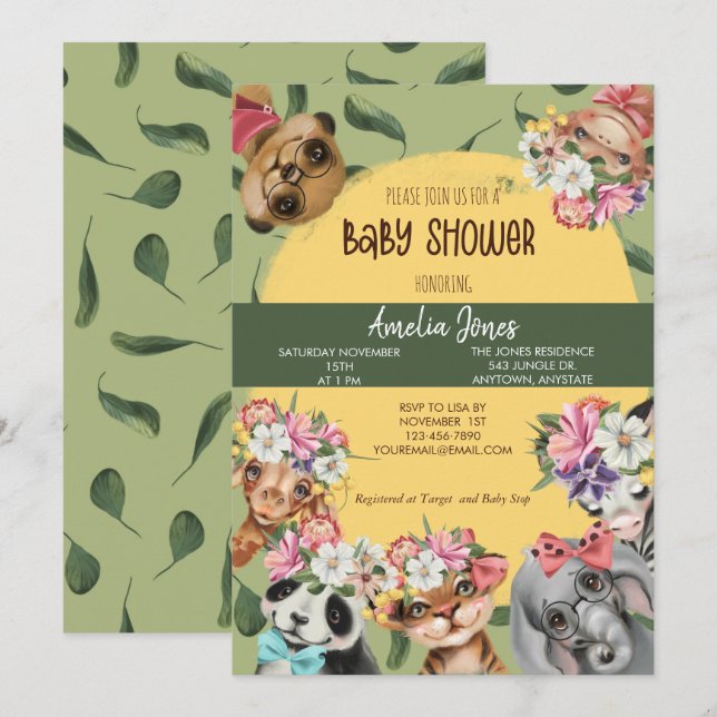 Tarjeta de Invitación para Baby Shower de Animales (Anverso / Reverso)