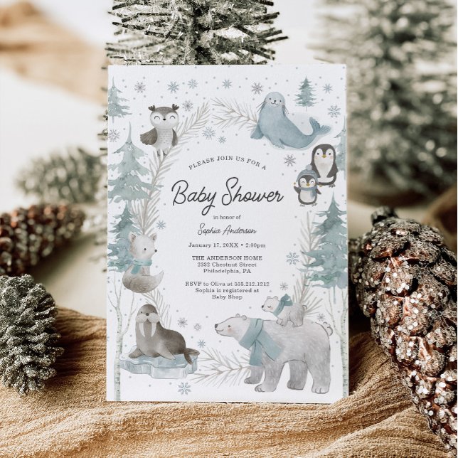 Tarjeta de Invitación para Baby Shower de Animales (winter baby shower)