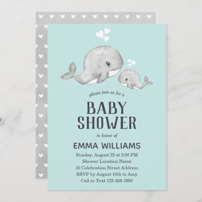 Tarjeta de Invitación para Baby Shower de Ballena  (Anverso / Reverso)