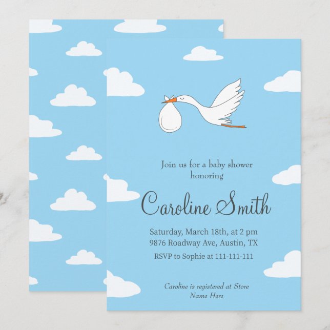 Tarjeta de Invitación para Baby Shower de Cigüeña  (Anverso / Reverso)