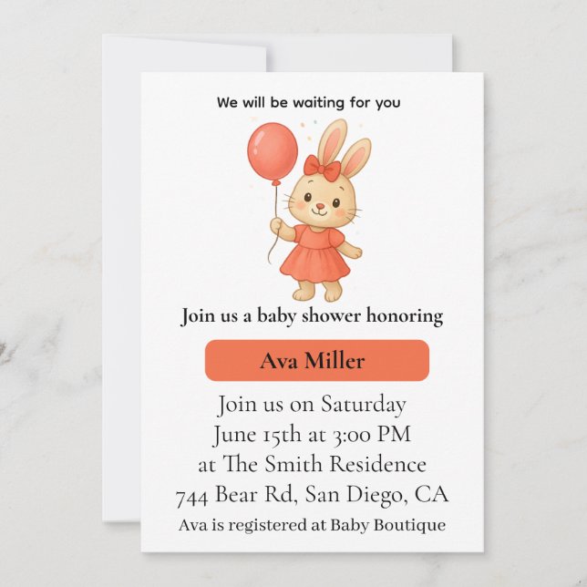 Tarjeta de Invitación para Baby Shower de Conejito (Anverso)