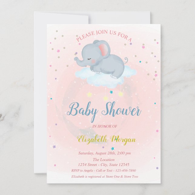 Tarjeta de invitación para baby shower de elefante (Anverso)