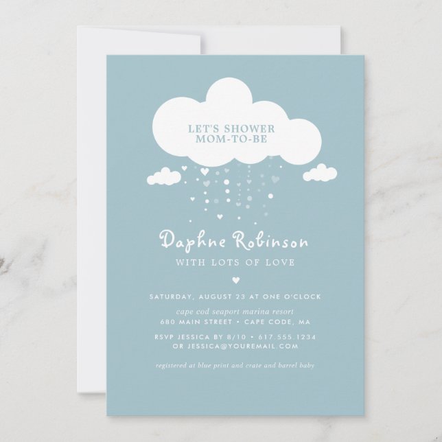 Tarjeta de invitación para baby shower de nubes y  (Anverso)