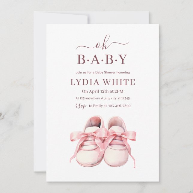 Tarjeta de invitación para baby shower de zapatill (Anverso)