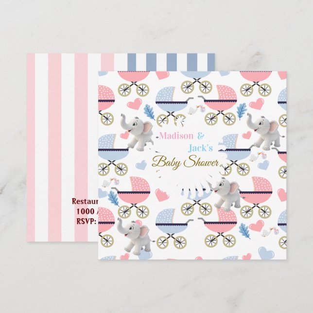 Tarjeta de Invitación para Baby Shower Elefante Co (Anverso / Reverso)