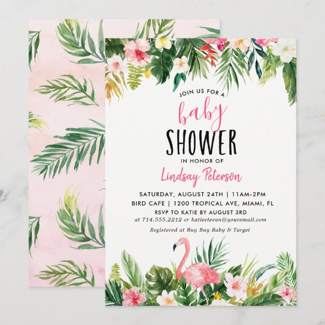 Tarjeta de invitación para Baby Shower Flamingo tr (Anverso / Reverso)