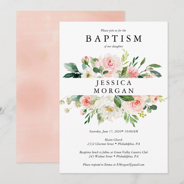 Tarjeta de invitación para bautismo floral de Rubo (Anverso / Reverso)