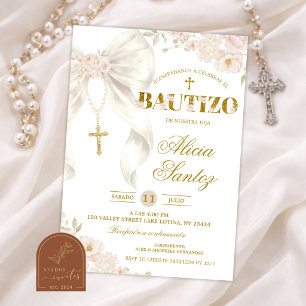 Tarjeta de invitación para bautizo con rosario y l
