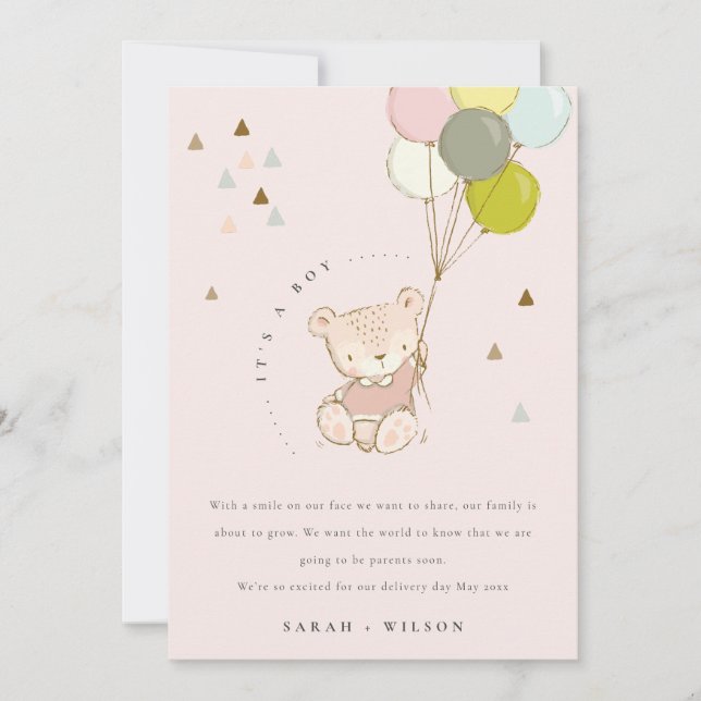 Tarjeta de Invitación para bebé con globo de oso d (Anverso)