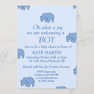 tarjeta de invitación para bebé con osos azules