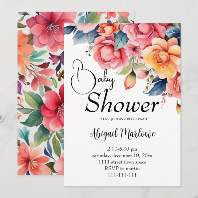 tarjeta de invitación para bebé de flor de agua (Anverso / Reverso)