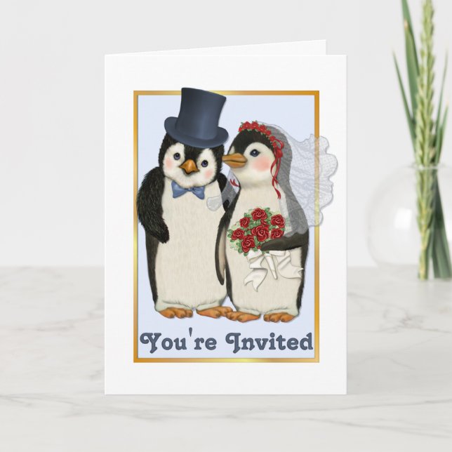 Tarjeta de invitación para boda de pingüinos (Anverso)