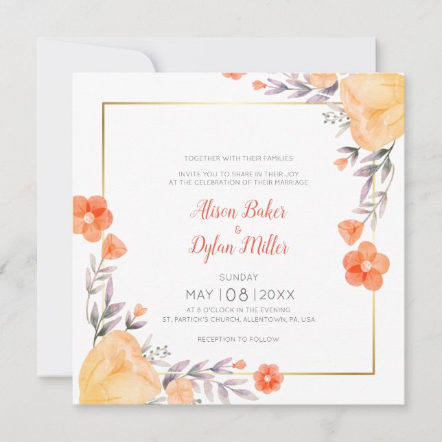 Tarjeta de invitación para boda floral naranja (Anverso)