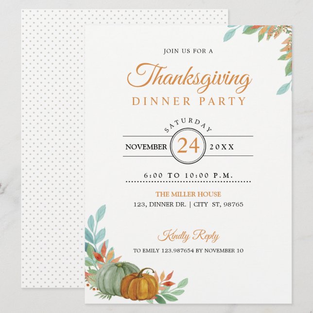 Tarjeta de invitación para calabazas de cena de Ac (Anverso / Reverso)