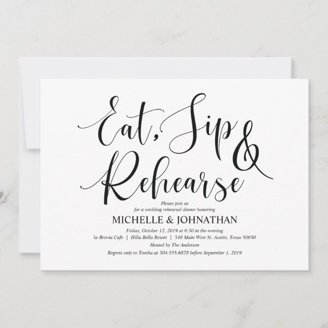 Tarjeta de invitación para cena de elegante ensayo (Anverso)