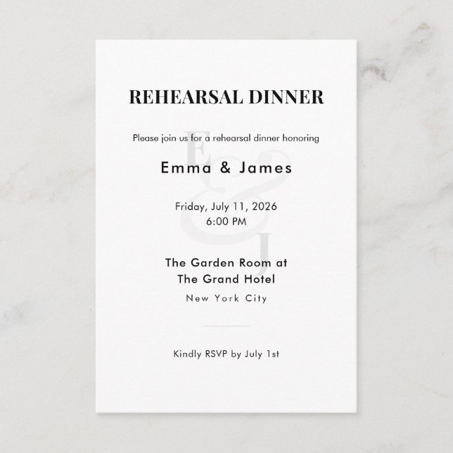 Tarjeta de invitación para cenas de ensayo moderno (Anverso)