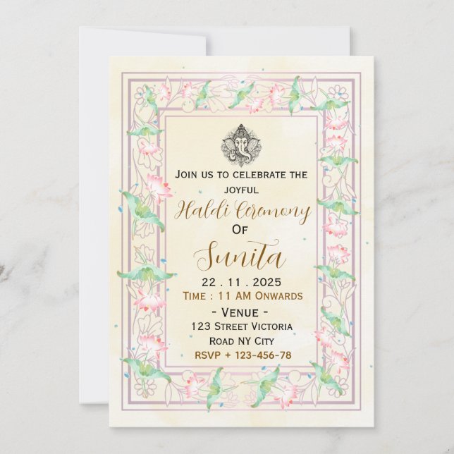 Tarjeta de Invitación para Ceremonia Haldi Amarill (Anverso)