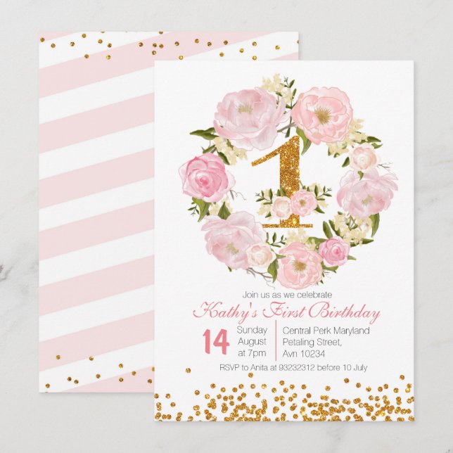 Tarjeta de invitación para chica floral de primer  (Anverso / Reverso)