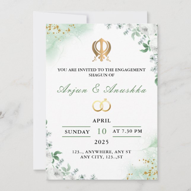 Tarjeta de invitación para compromiso floral verde (Anverso)