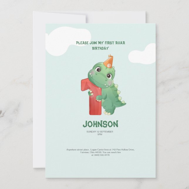 tarjeta de invitación para cumpleaños 1 de dinosau (Anverso)