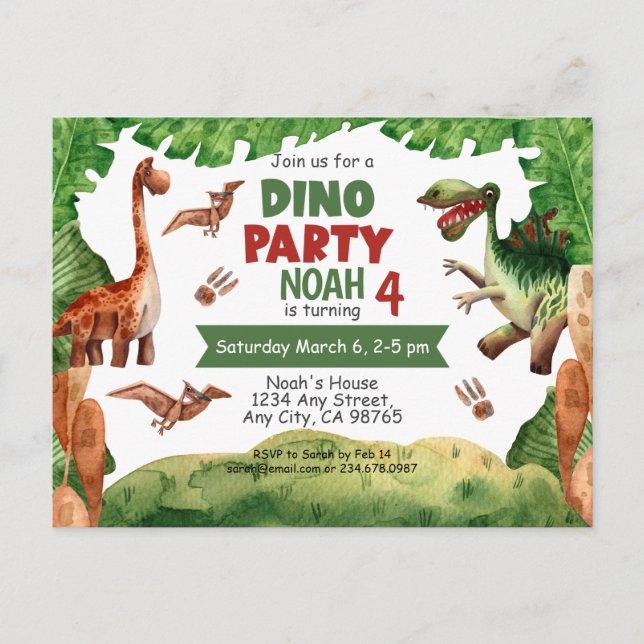 Tarjeta de invitación para cumpleaños 4 años Dino  (Anverso)