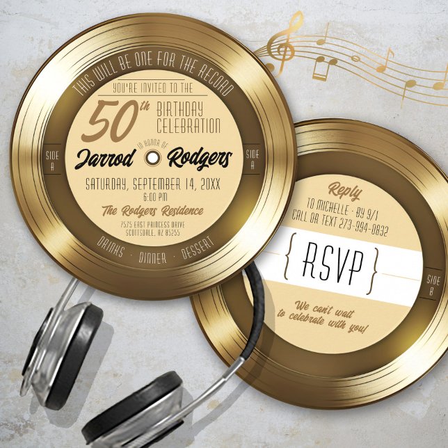 Tarjeta de Invitación para Cumpleaños 50 con Tema  (Fun Elegant Unique gold vinyl record round music theme side A side B 50th birthday party invitation )