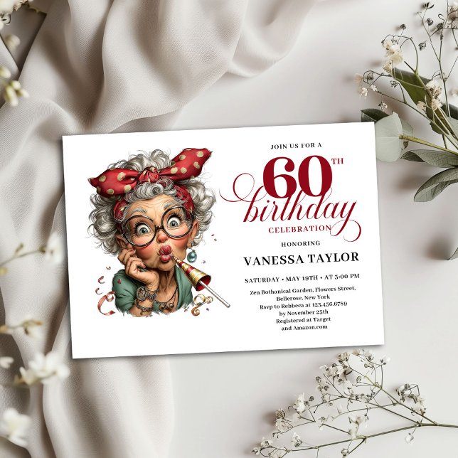 Tarjeta de Invitación para Cumpleaños 60 Divertida (60th Birthday Invite Card Quirky Funny Old Lady)