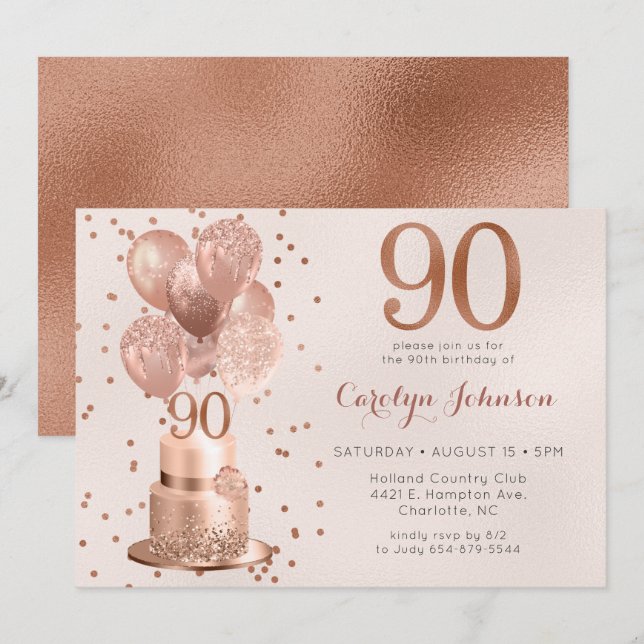 Tarjeta de Invitación para Cumpleaños 90 con Torta (Anverso / Reverso)