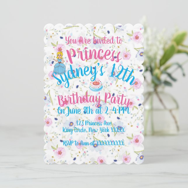 Tarjeta de Invitación para Cumpleaños de Princesa  (Anverso de pie)