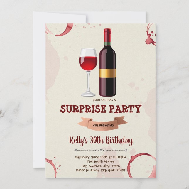Tarjeta de invitación para cumpleaños de vino (Anverso)
