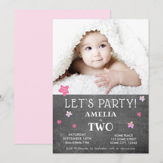 Tarjeta de invitación para cumpleaños número 2 con (Anverso / Reverso)