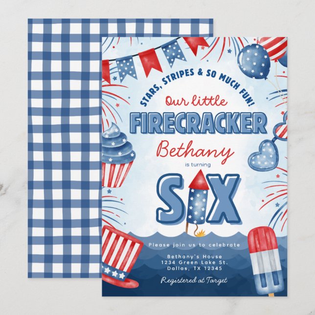 Tarjeta de invitación para cumpleaños número 6 con (Anverso / Reverso)