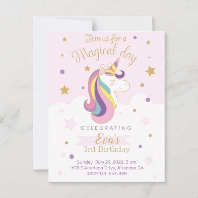 Tarjeta de invitación para cumpleaños unicornio (Anverso)