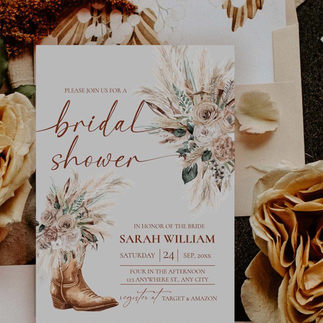 Tarjeta de Invitación para Despedida de Soltera co (Western Boots Bridal Shower Invitation | Rustic Boho Cowgirl Template)