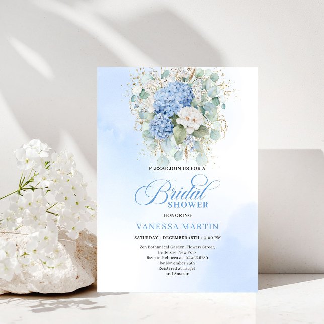 Tarjeta de Invitación para Despedida de Soltera co (Refined Blue Hydrangeas Bridal Shower Invitation)