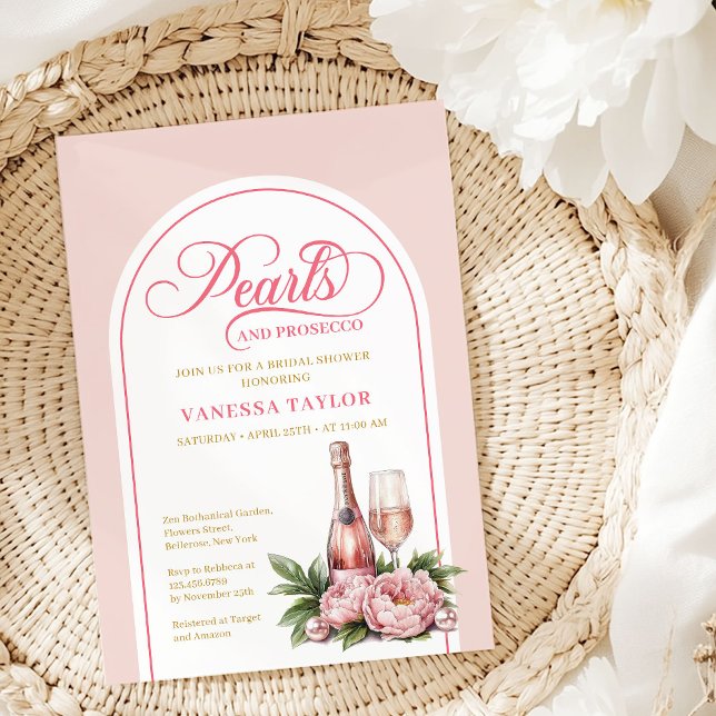 Tarjeta de Invitación para Despedida de Soltera co (Classic Pearls and Prosecco Shower Invite Card)