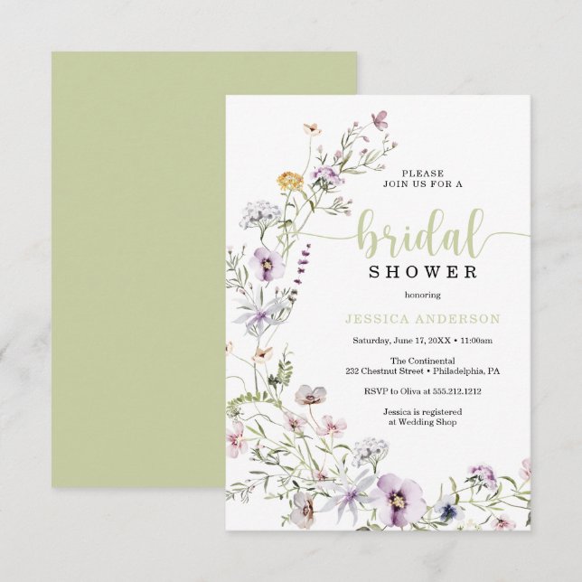 Tarjeta de invitación para ducha de novia con flor (Anverso / Reverso)