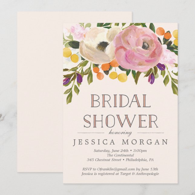 Tarjeta de invitación para ducha de novia con flor (Anverso / Reverso)