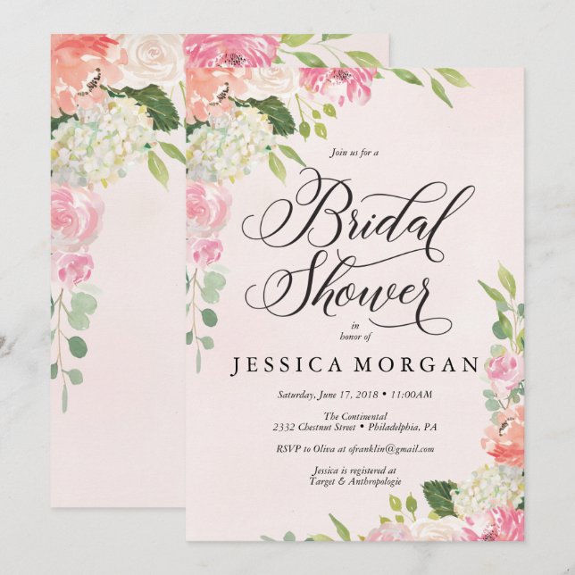 Tarjeta de invitación para ducha de novia rosa de  (Anverso / Reverso)