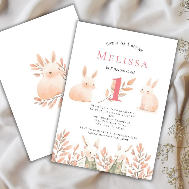 Tarjeta de Invitación para el 1er Cumpleaños de Ch (Girls 1st Birthday Bunny Invitation)