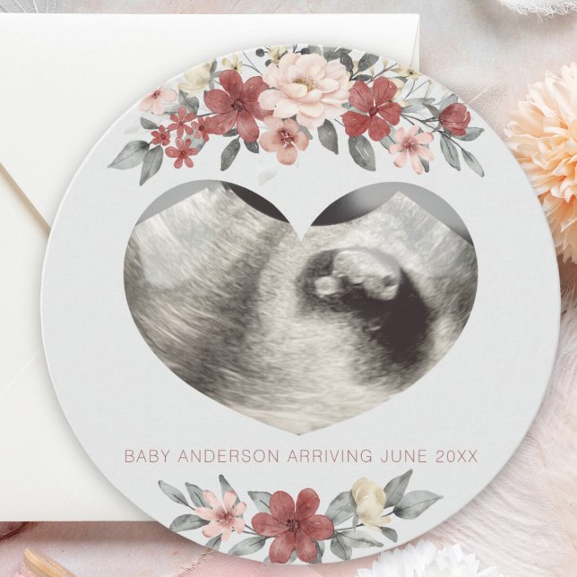 Tarjeta de Invitación para el embarazo por ecograf (heart ultrasound sonogram pregnancy announcement card with watercolor floral frame. round card)