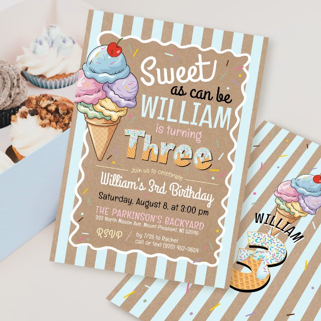Tarjeta de Invitación para el Tercer Cumpleaños de (Sweet As Can Be ice cream sprinkles rustic kraft blue stripes boy 3rd birthday party invitation)